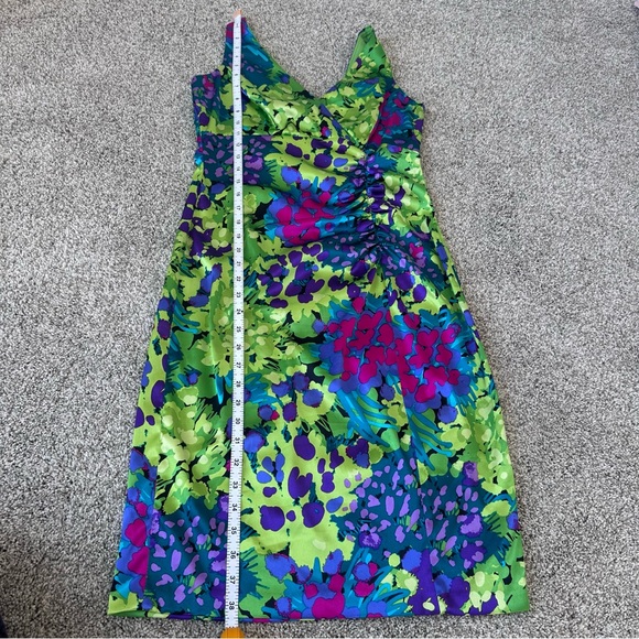 Vibrant Floral V-neck Dress Evan Picone Size 6, wedding, cocktail, chartreuse - Picture 4 of 12